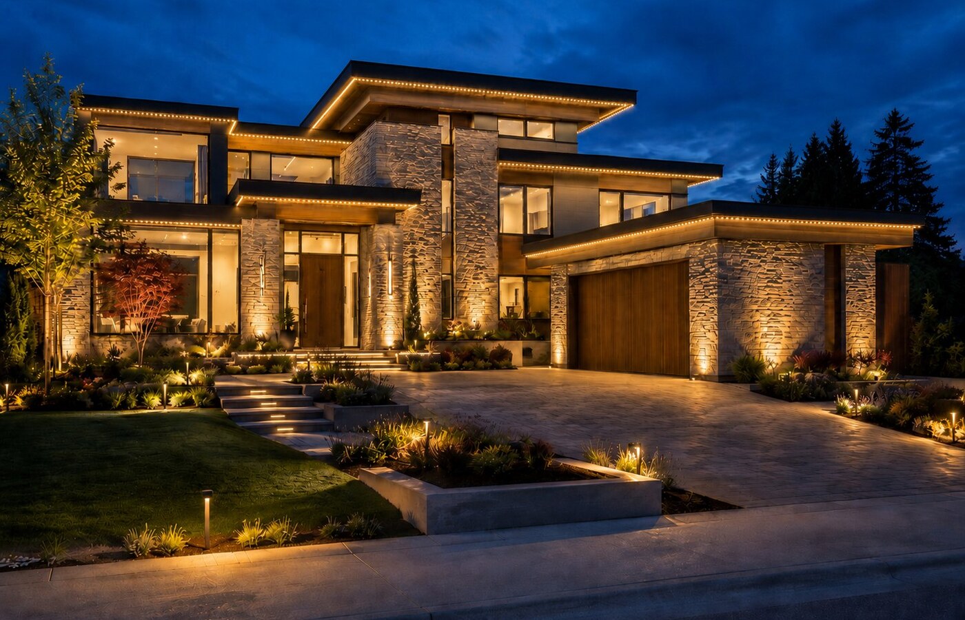 Modern luxury home with Halo Exterior LED roofline lighting