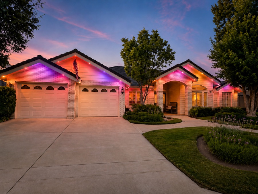 Purple and red roofline lighting