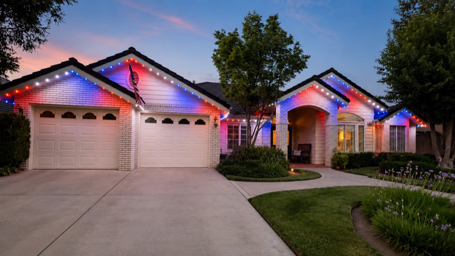Red, white and blue roofline lighting